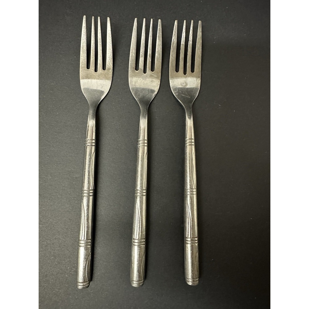 Stainless Flatware Salad Fork Set Of 3 Horizontal Bands Wavy Lines Bamboo-Like